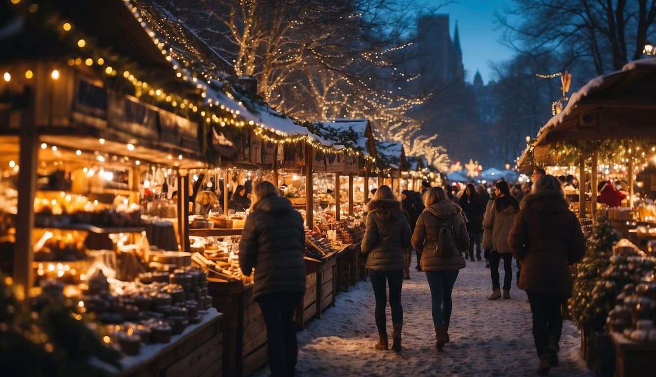 Colorful stalls line the festive market, adorned with twinkling lights and holiday decorations. Visitors browse through an array of handmade crafts, festive gifts, and delicious treats. The scent of hot cocoa and cinnamon fills the air