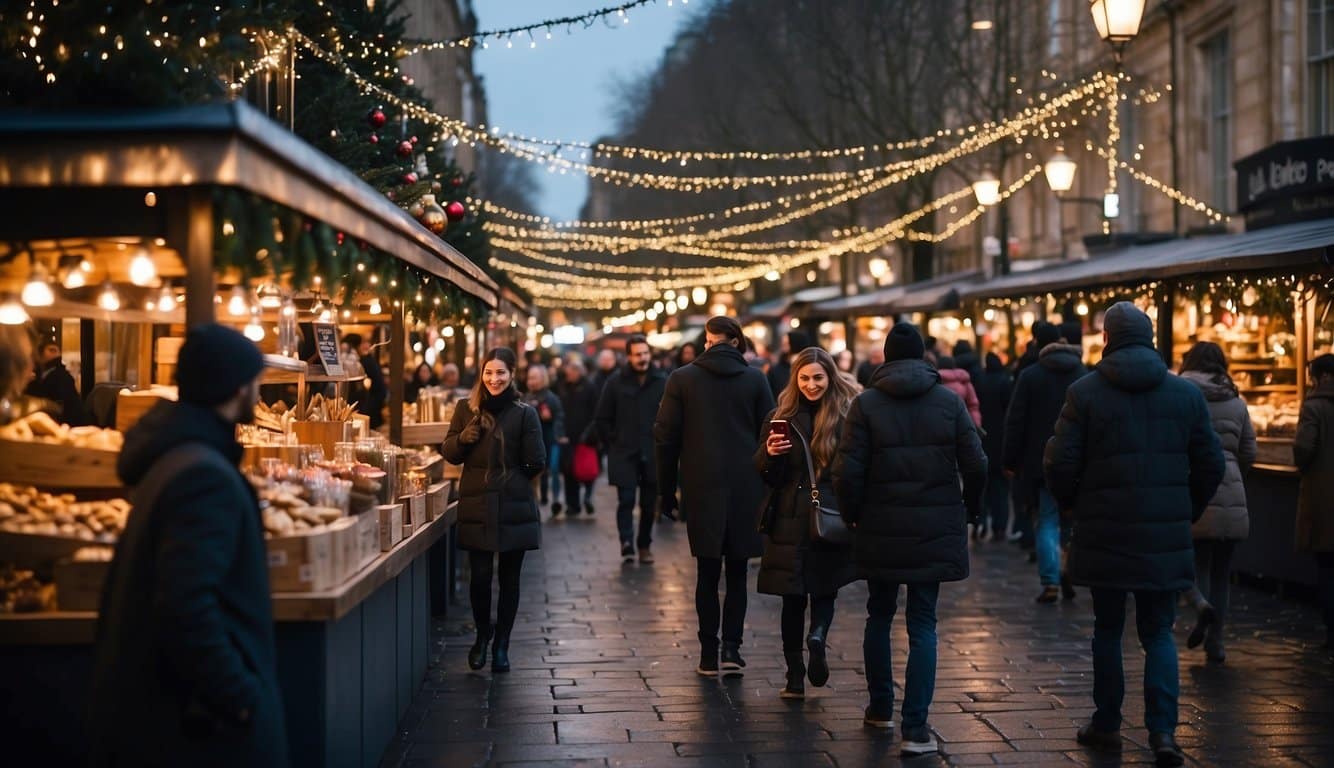 The Strand Christmas Markets bustle with festive activity, adorned with twinkling lights and colorful decorations, as visitors peruse the array of artisanal goods and savory treats