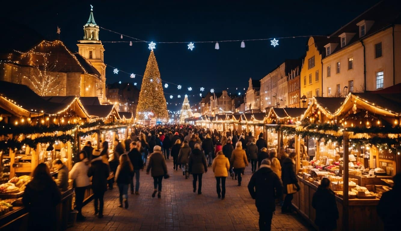 The Christmas market bustles with colorful stalls, twinkling lights, and festive decorations under the starry Texas sky