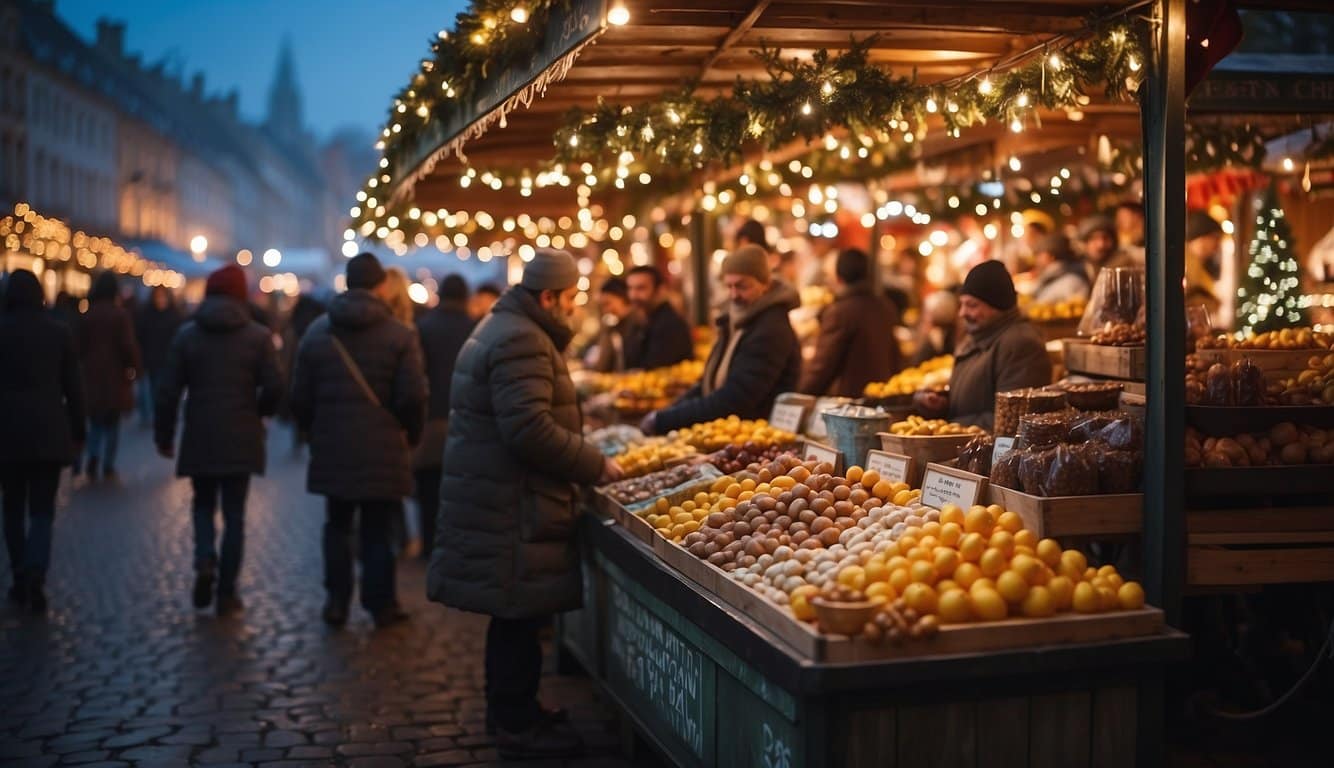 Colorful stalls line the streets, adorned with twinkling lights and festive decorations. The aroma of hot cocoa and roasted chestnuts fills the air as visitors browse through handmade crafts and seasonal treats