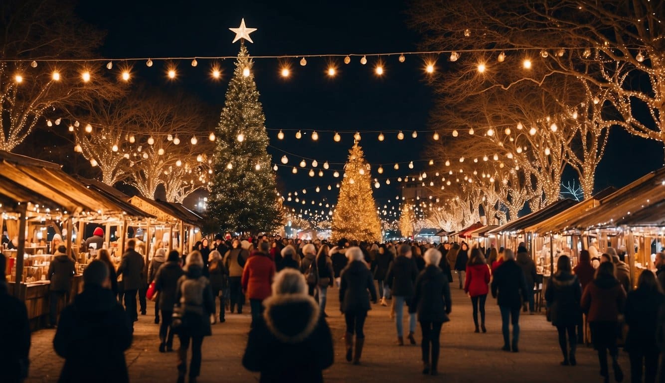 A bustling Christmas village market on Grapevine Main Street, Texas, 2024. Festive lights, holiday decorations, and vendor stalls line the street, creating a warm and inviting atmosphere