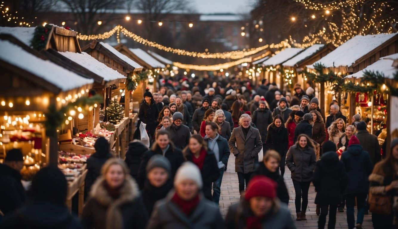 A bustling Christmas market at Southlake Home for the Holidays, with vendors selling festive goods and decorations, surrounded by twinkling lights and joyful holiday music