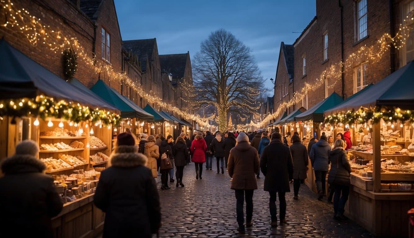 Colorful stalls line the cobblestone streets, adorned with twinkling lights and festive decorations. Visitors browse handmade crafts, local artwork, and holiday treats while carolers fill the air with joyful music