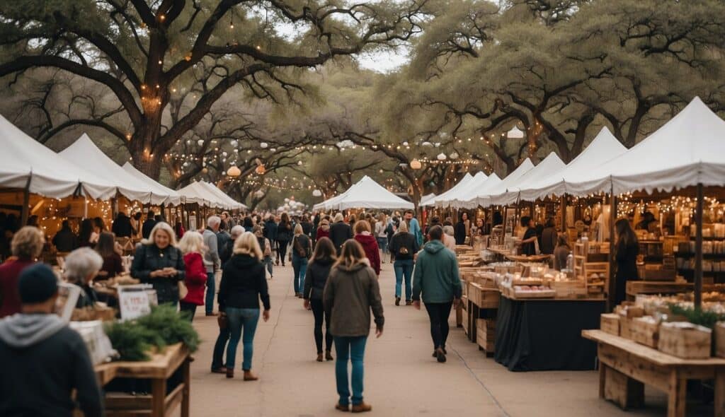 People browse stalls at an outdoor market, with white tents and string lights hanging from trees overhead. It evokes the festive charm of Christmas Markets, making one imagine a delightful Texas celebration in 2024.