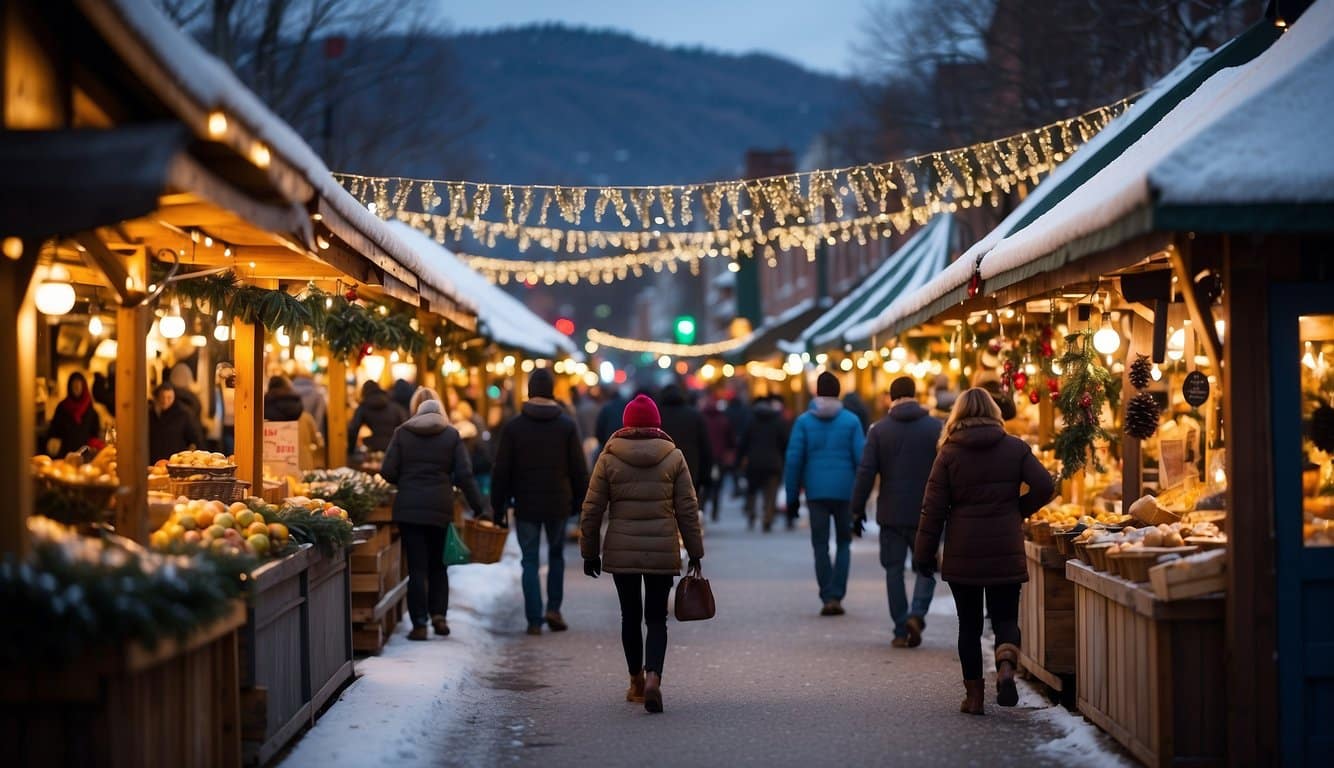 The Middlebury Holiday Market bustles with festive activity, as vendors display colorful crafts and treats. Snow dusts the charming Vermont scene