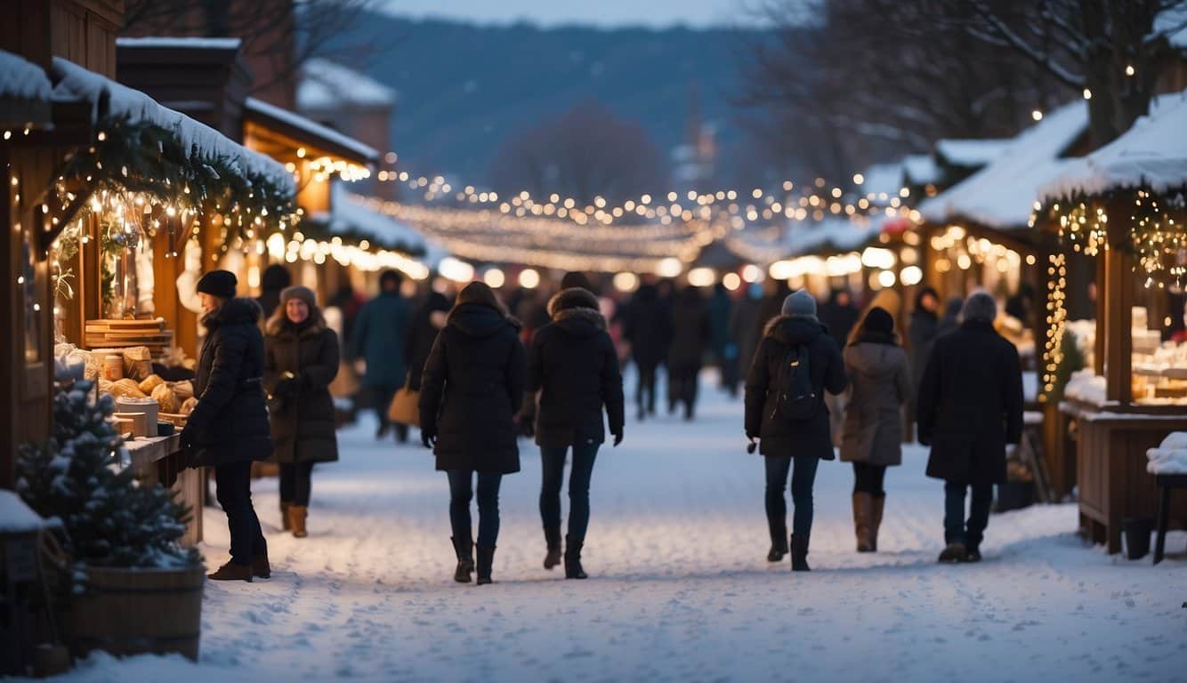 Snow-covered stalls line the streets, adorned with twinkling lights and festive decorations. People wander, sipping hot cocoa and browsing handmade crafts. Snowflakes fall gently, creating a picturesque winter wonderland