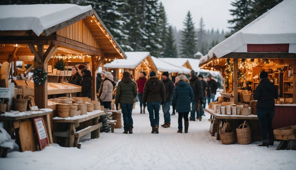 People stroll through a snowy outdoor market with wooden stalls selling various items, surrounded by trees. The scene evokes the charm of Christmas Markets Vermont 2024.