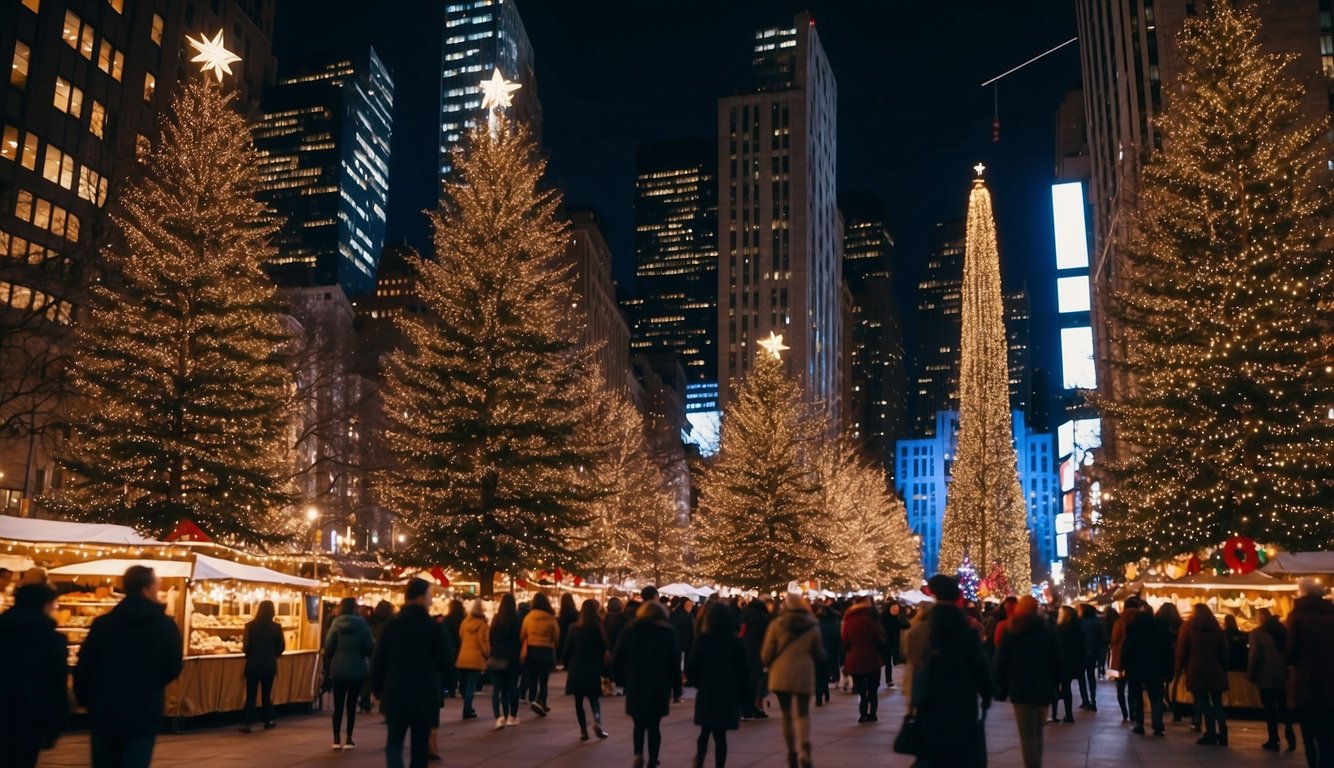 Festive market stalls line the bustling streets of New York City, adorned with twinkling lights and colorful decorations. A giant Christmas tree stands at the center, surrounded by joyful crowds