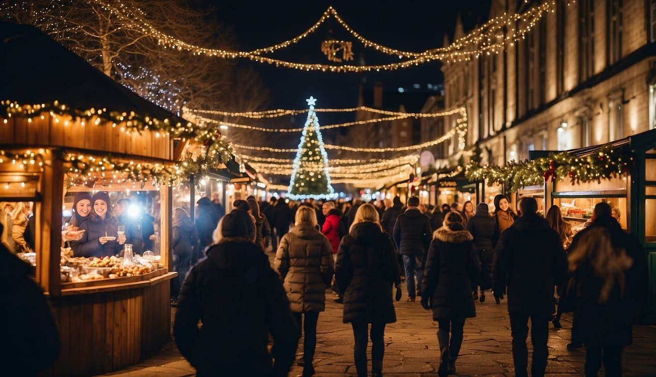 The bustling Okemo Mountain Resort Christmas market in Vermont 2024 features colorful stalls, twinkling lights, and festive decorations