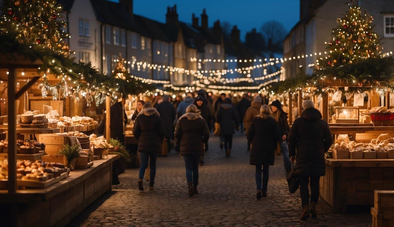 The festive Christmas market in Dorset is bustling with holiday cheer, as vendors sell handmade crafts and delicious treats. The air is filled with the scent of pine and mulled cider, and twinkling lights create a magical atmosphere