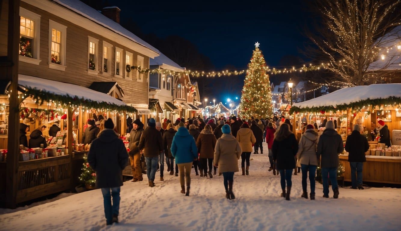 The Grafton Christmas Village in Vermont bustles with festive activity at the Christmas Markets in 2024. Vendors sell handmade crafts, while carolers fill the air with holiday music. Twinkling lights adorn the quaint village square