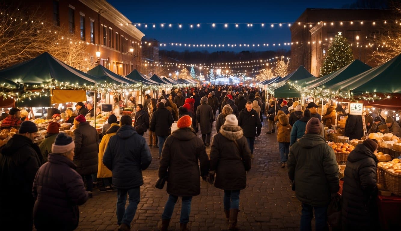 The Brattleboro Winter Farmers' Market is bustling with holiday cheer as vendors sell festive goods under twinkling lights. Snowflakes gently fall outside, adding to the cozy atmosphere of the Christmas market in Vermont 2024