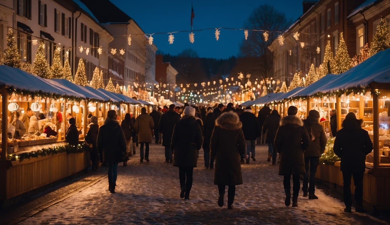 The Christmas market is bustling with colorful stalls, twinkling lights, and festive decorations, as visitors sip hot cider and browse artisan crafts in the snowy Vermont town of Woodstock