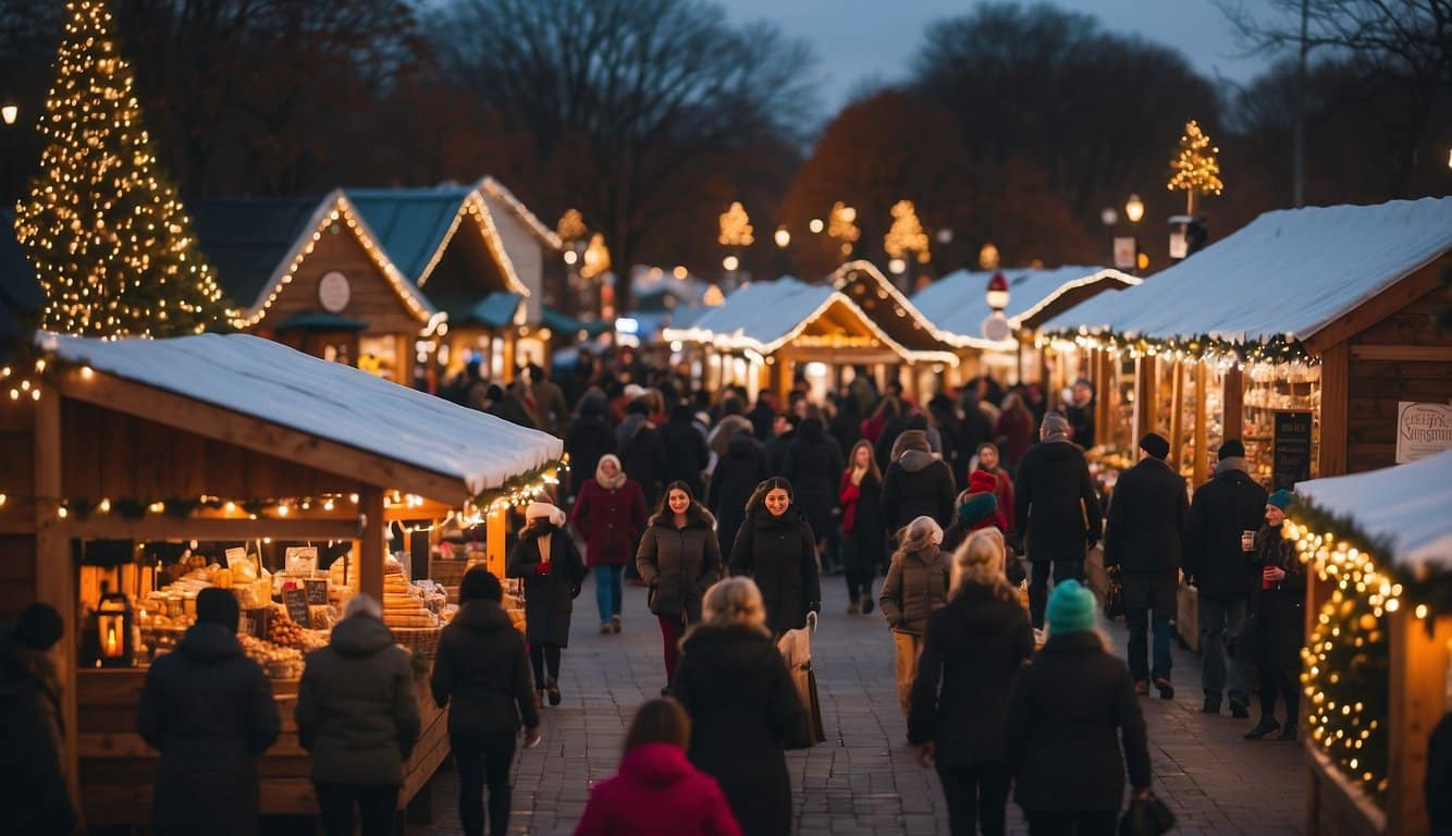 The Christkindlmarkt in Arlington, Virginia is bustling with festive activity. The market is filled with vendors selling holiday goods, while the air is filled with the scent of spiced mulled wine and roasted chestnuts. Twinkling lights and decorations