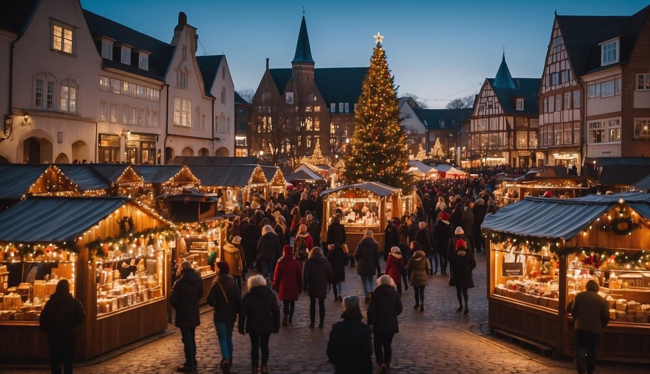 The bustling German Christmas Market in Winchester, Virginia features festive stalls, twinkling lights, and the aroma of mulled wine and gingerbread