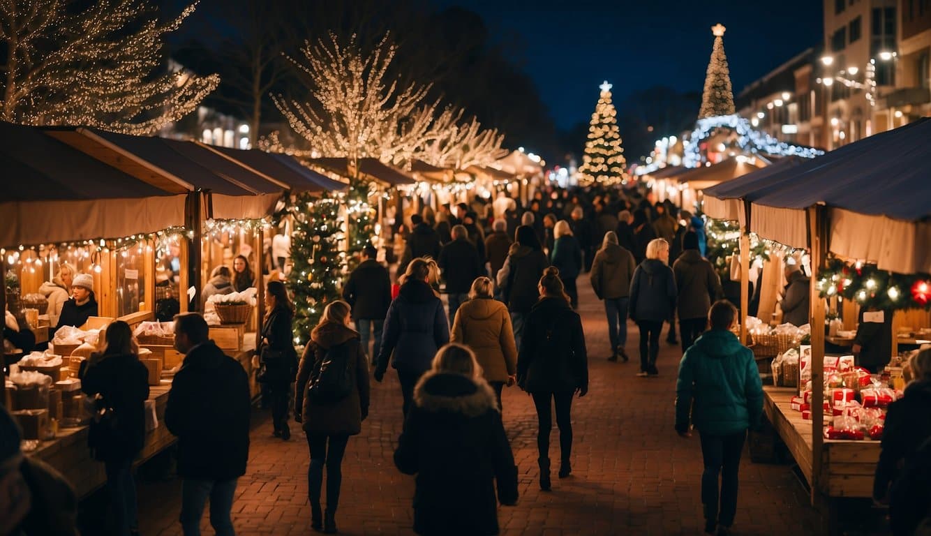 The Virginia Beach Christmas Market bustles with festive activity, as vendors display their wares amidst twinkling lights and the scent of hot cocoa fills the air