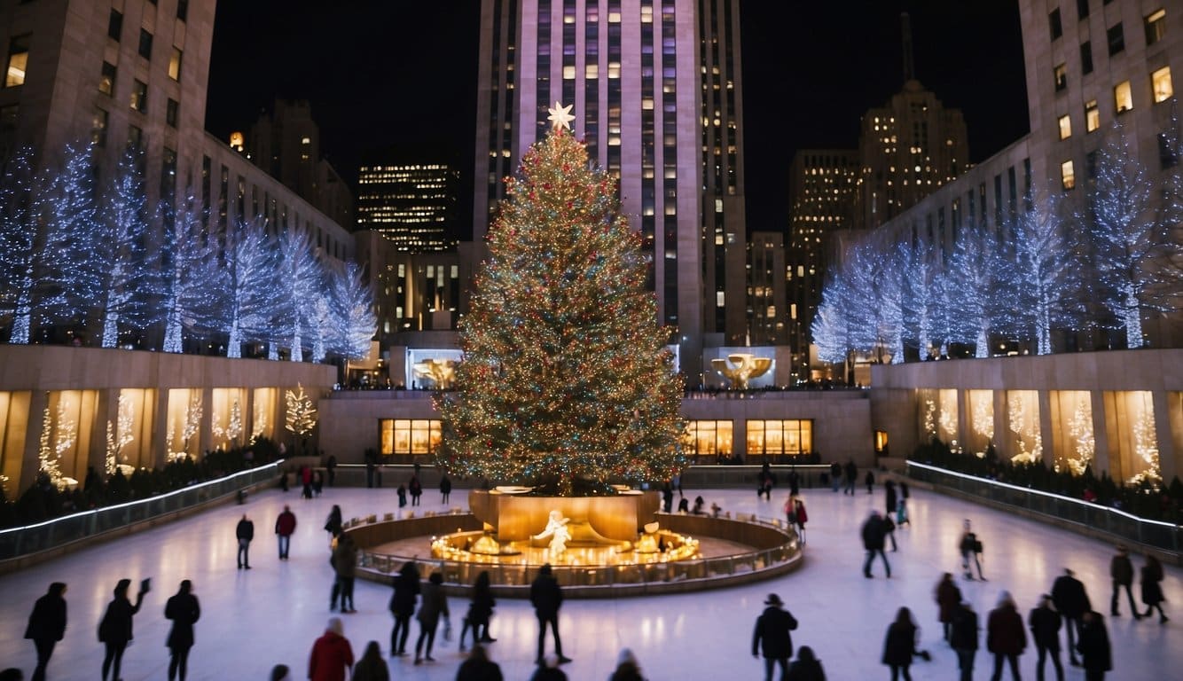 The Rockefeller Center Christmas tree stands tall and bright, surrounded by a bustling skating rink. Twinkling lights and festive decorations adorn the area, creating a magical holiday atmosphere