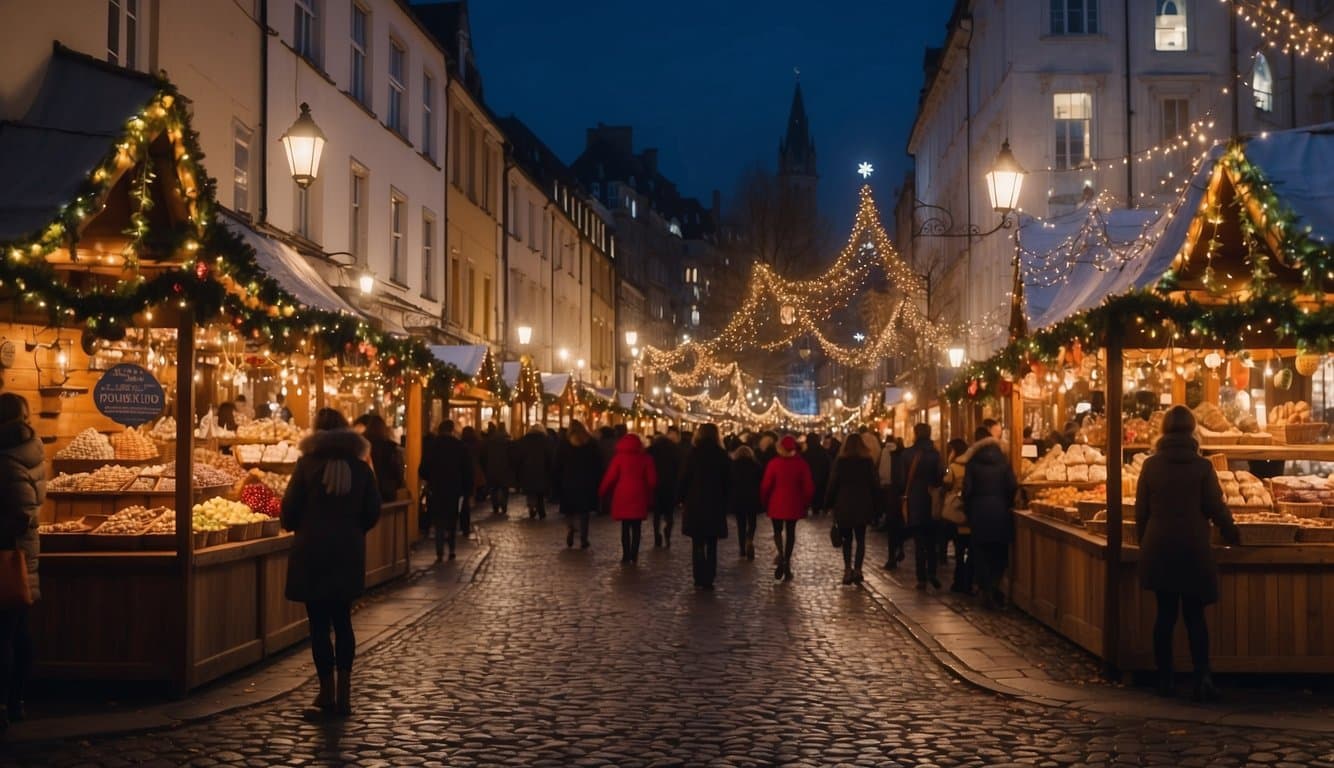 Colorful stalls line the cobblestone streets, adorned with twinkling lights and festive decorations. The air is filled with the scent of mulled wine and roasted chestnuts, while joyful carols play in the background