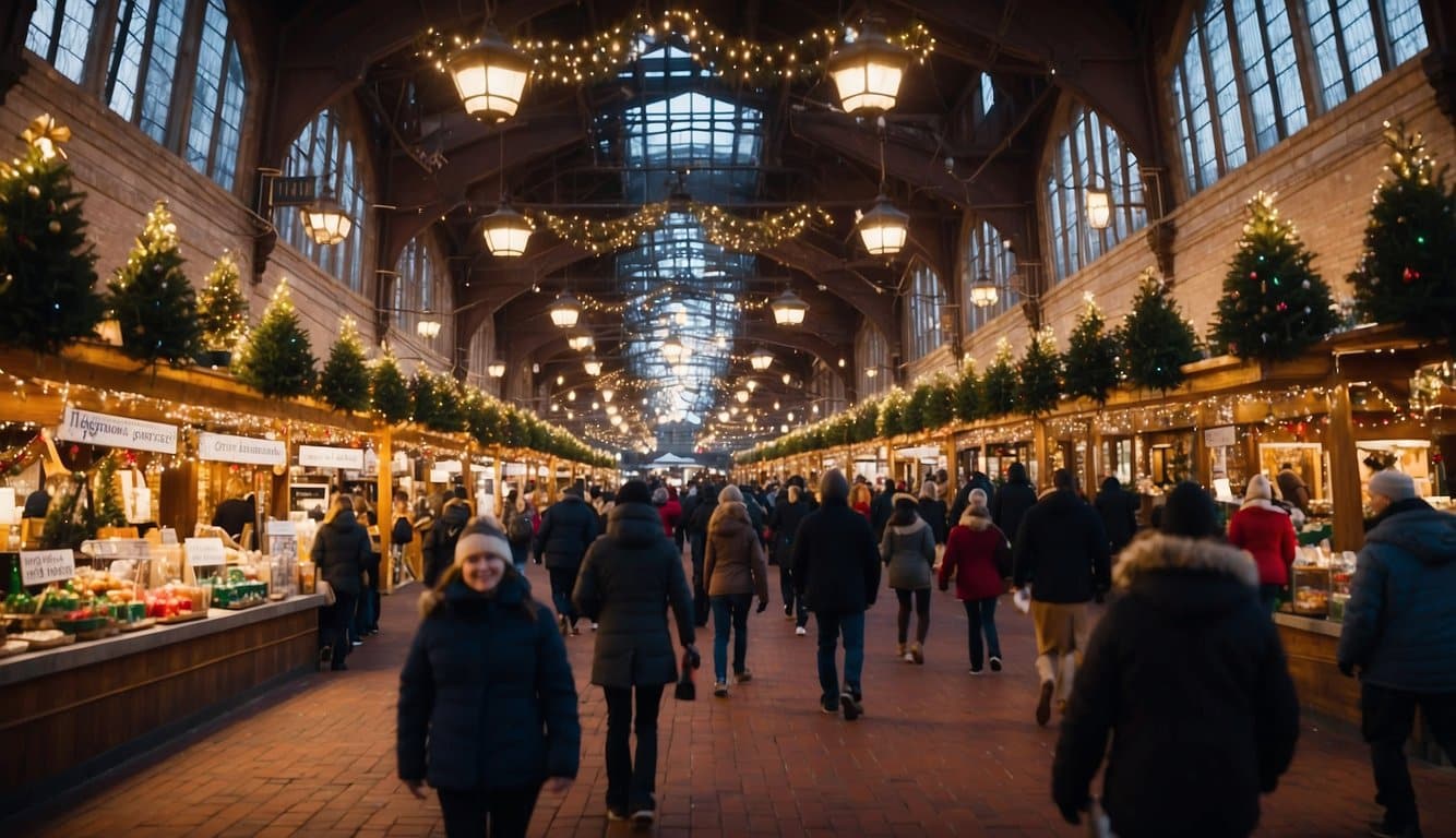 The bustling Richmond Main Street Station Holiday Market is adorned with twinkling lights and festive decorations, as vendors display an array of holiday goods and treats at the Christmas Markets in Virginia 2024