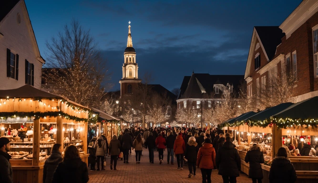 The bustling Christmas market in Fredericksburg, Virginia, features festive stalls, twinkling lights, and joyful carolers in 2024