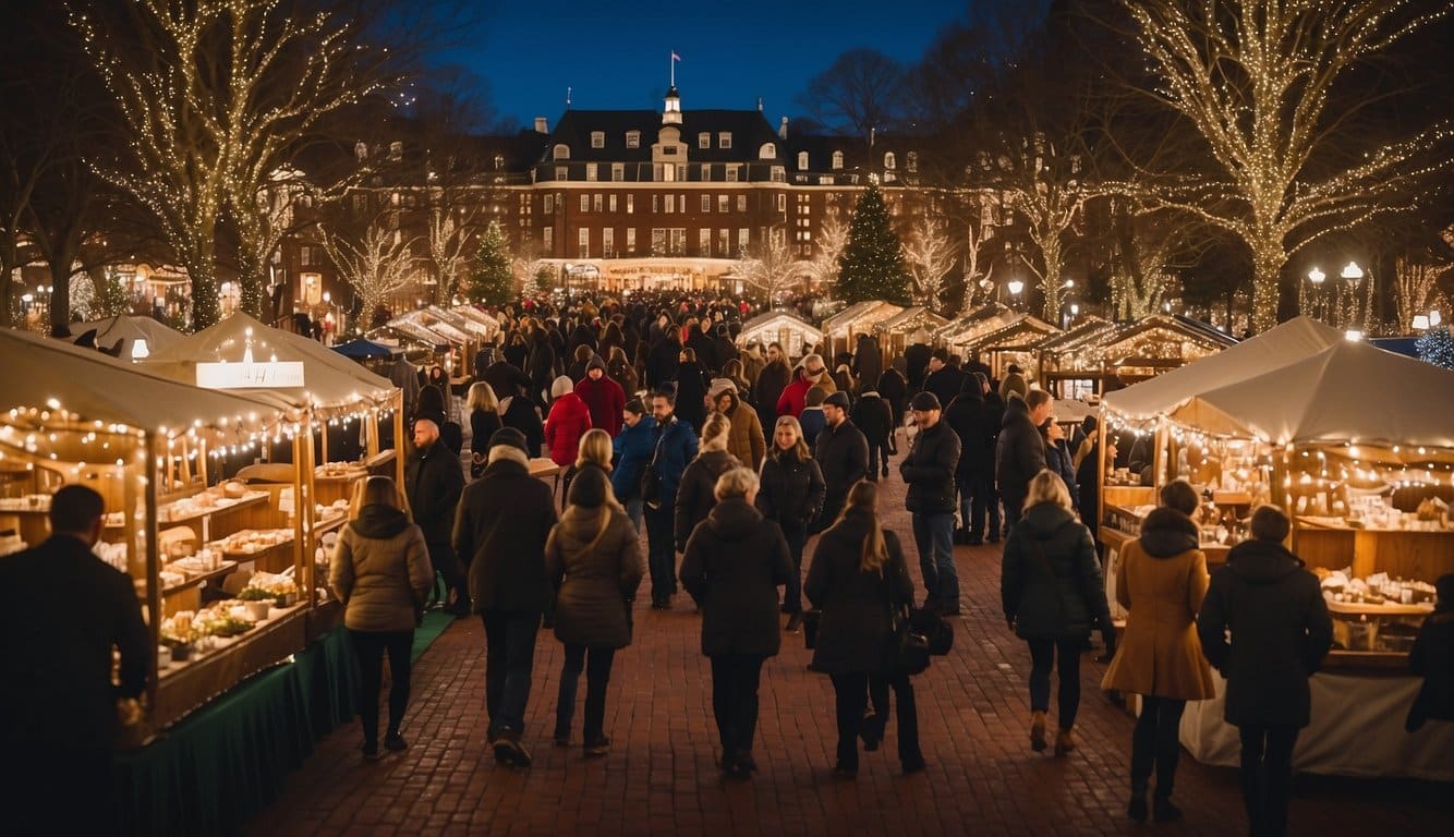 People stroll through a festive Christmas Market in Virginia 2024, with illuminated stalls and decorated trees at dusk, set against the backdrop of a grand building.