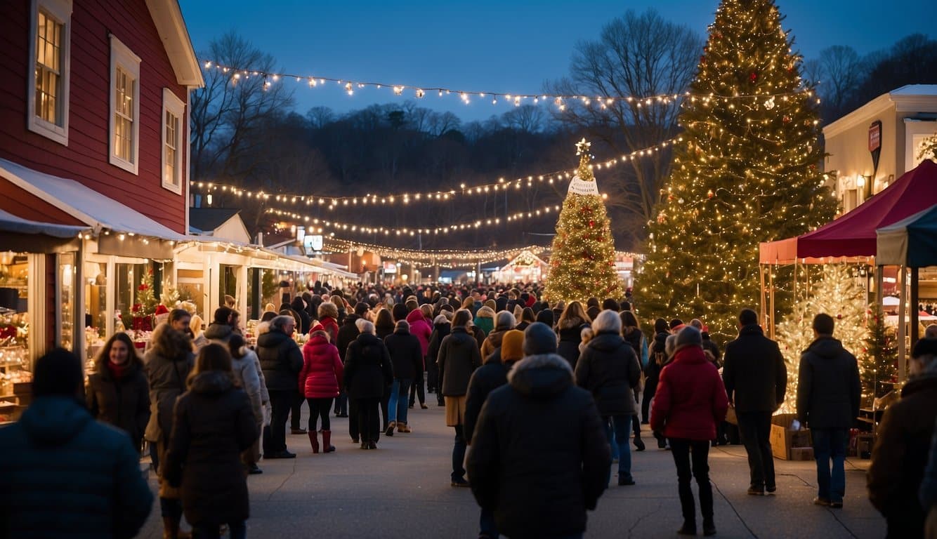 The Lewisburg Holiday Market bustles with festive energy, as vendors display colorful goods under twinkling lights. A giant Christmas tree stands in the center, surrounded by joyful shoppers