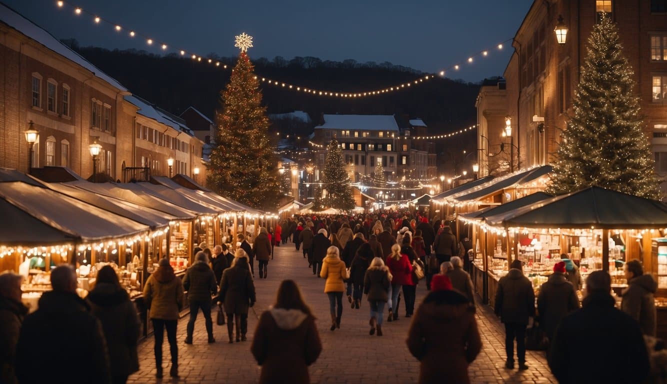 Snow-covered Christmas market with festive stalls, twinkling lights, and snowy mountains in the background