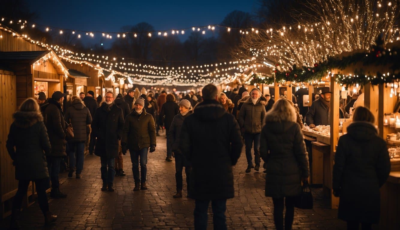 People browse wooden stalls at a festive Christmas market in West Virginia, surrounded by twinkling lights and the scent of mulled cider