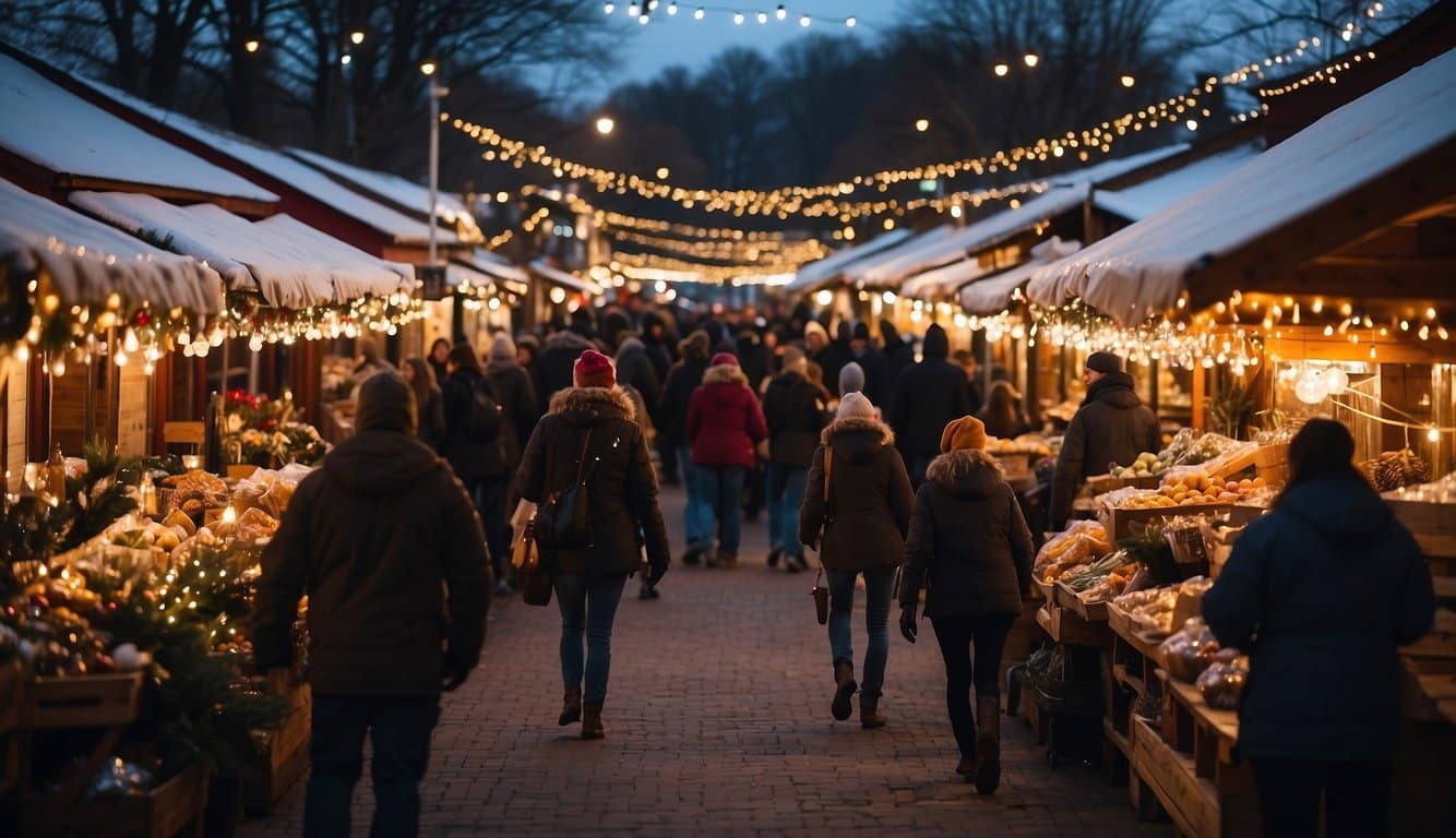 A bustling Christmas market in Martinsburg, West Virginia in 2024, with colorful stalls, twinkling lights, and festive decorations creating a joyful atmosphere