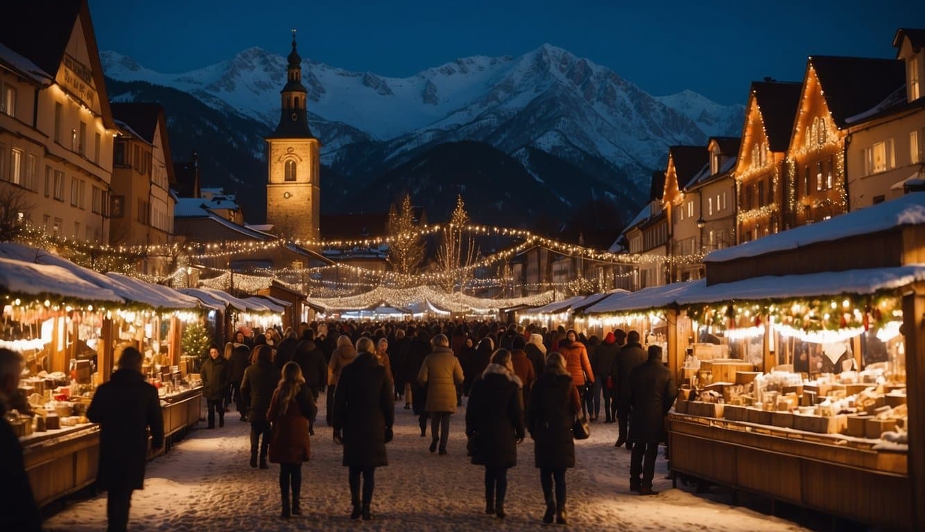 A festive Christmas Market in a snow-covered town at dusk, with people strolling between vendor stalls adorned with holiday lights. A church tower and mountains are visible in the background, capturing the magic of Christmas Markets West Virginia 2024.