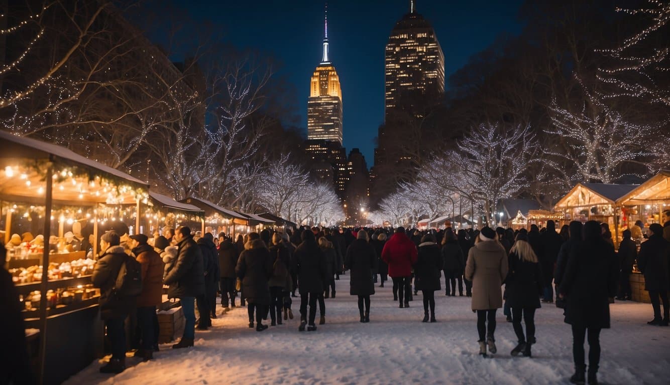 Crowds gather at festive markets in NYC, browsing holiday goods. Lights twinkle, and the scent of hot cocoa fills the air. Carolers sing, and ice skaters glide on the rink