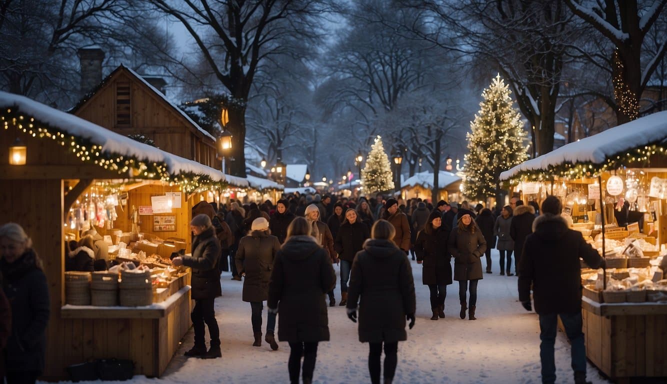 A bustling market with quaint wooden stalls, adorned with twinkling lights and festive decorations. The air is filled with the aroma of mulled wine and roasted chestnuts, and the sound of cheerful holiday music fills the air