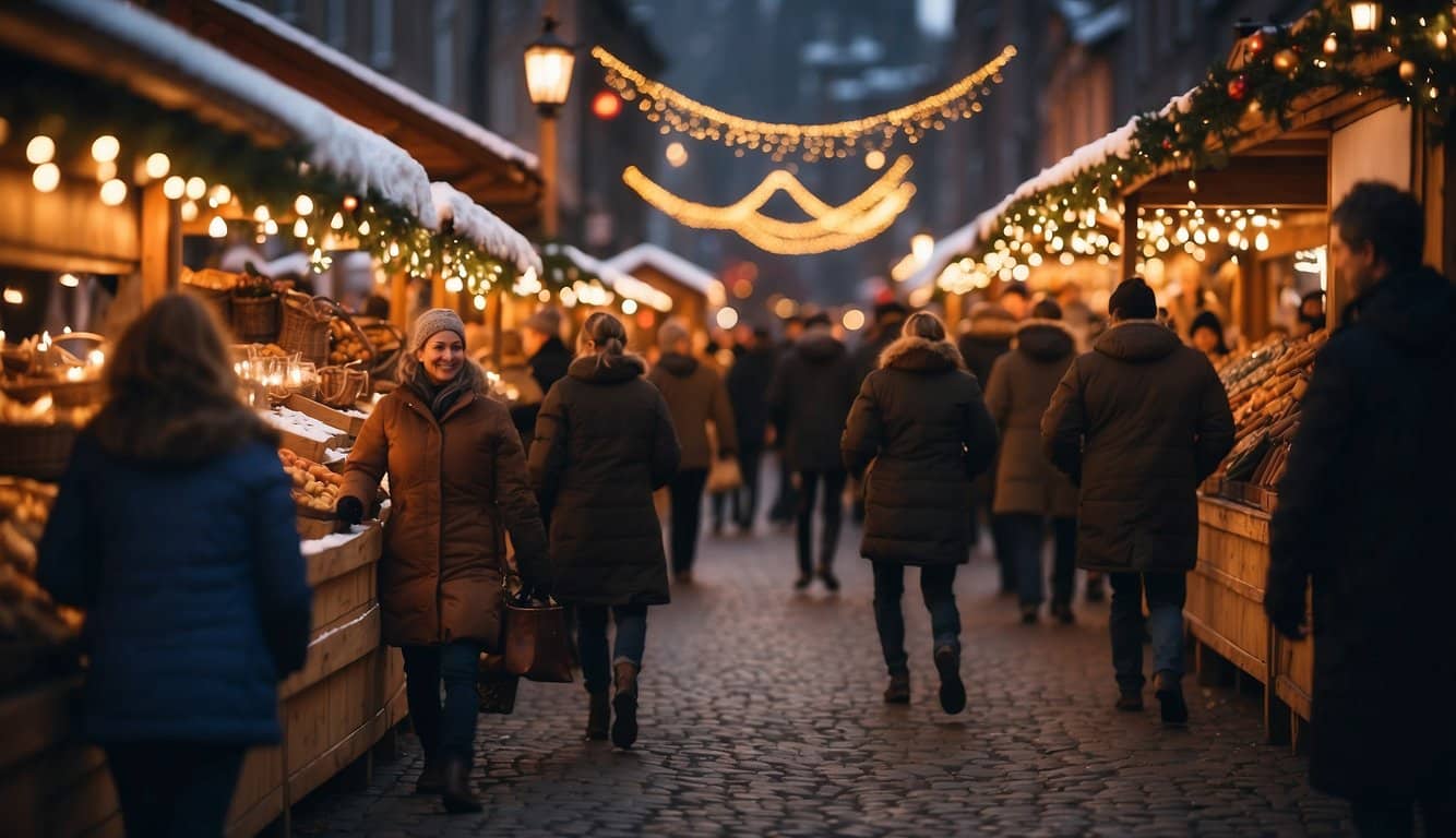 Colorful stalls line snowy streets at Seymour Christmas Market, with twinkling lights, festive decorations, and joyful crowds