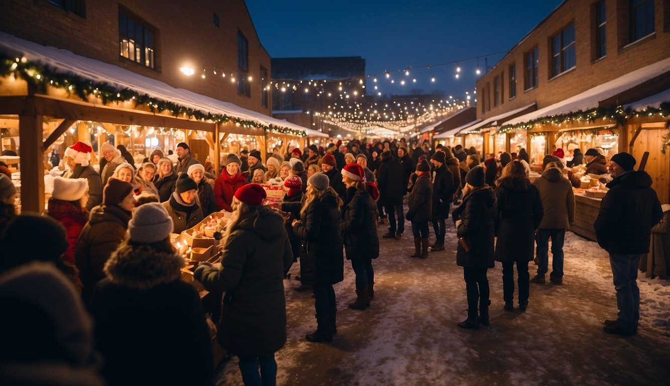 The bustling Appleton Downtown Christmas Market features festive stalls, twinkling lights, and joyful crowds in Wisconsin 2024