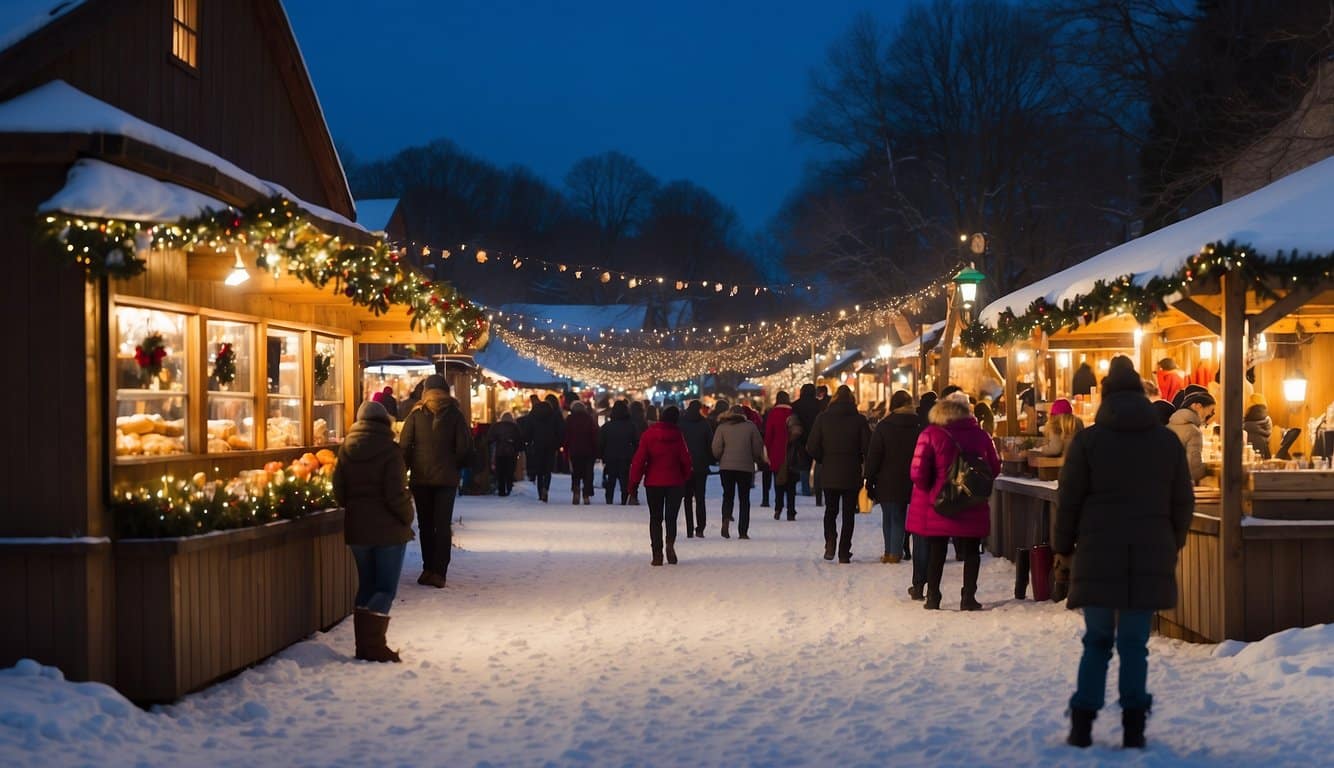 Festive stalls line snowy streets, adorned with twinkling lights and colorful decorations. The scent of spiced cider and roasted nuts fills the air as visitors peruse the charming Cedarburg Christmas Market