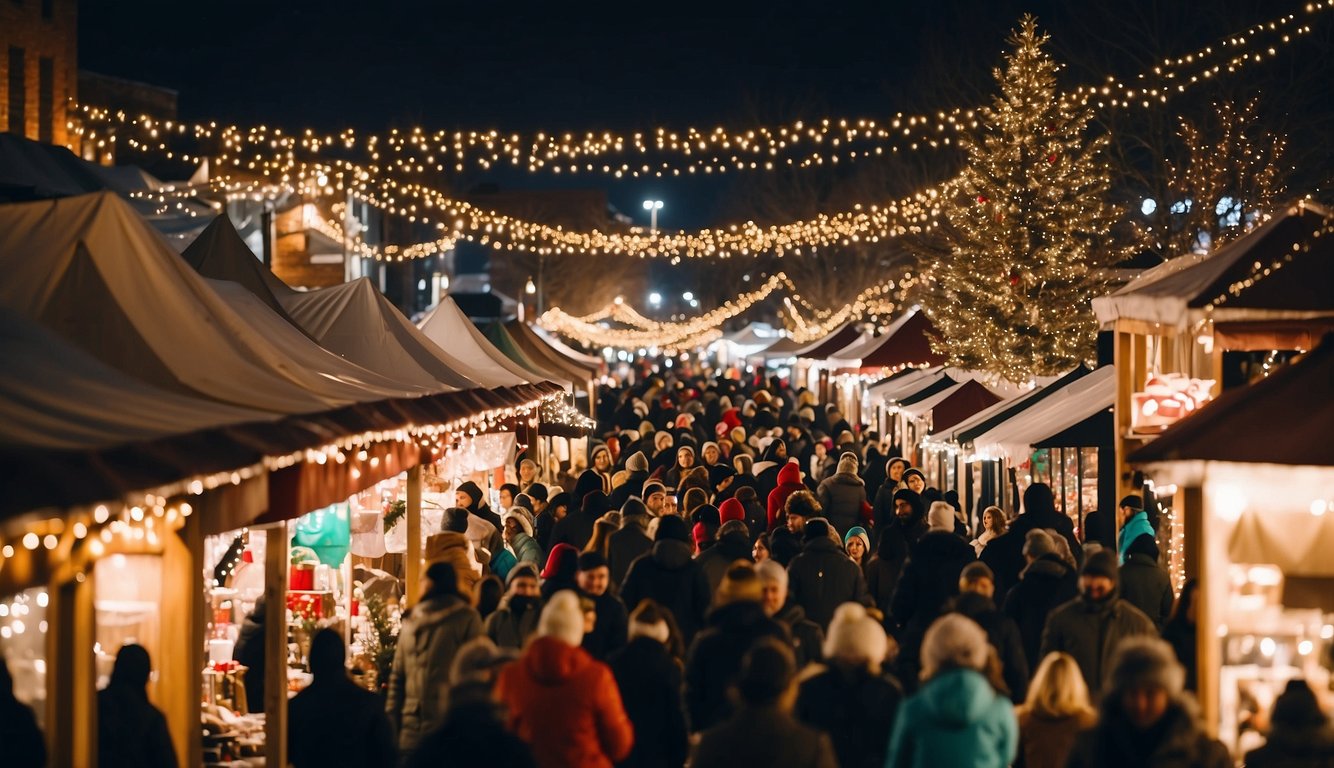 The bustling West Allis Christmas Night Craft Fair is filled with twinkling lights, colorful stalls, and joyful shoppers browsing through handmade gifts and festive decorations