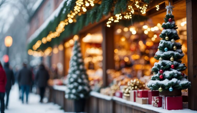 A festive outdoor market with decorated Christmas trees, string lights, and snow-covered surroundings. Shoppers browse items on display while wrapped gifts are placed under the trees at the enchanting Wisconsin Christmas Markets 2024.