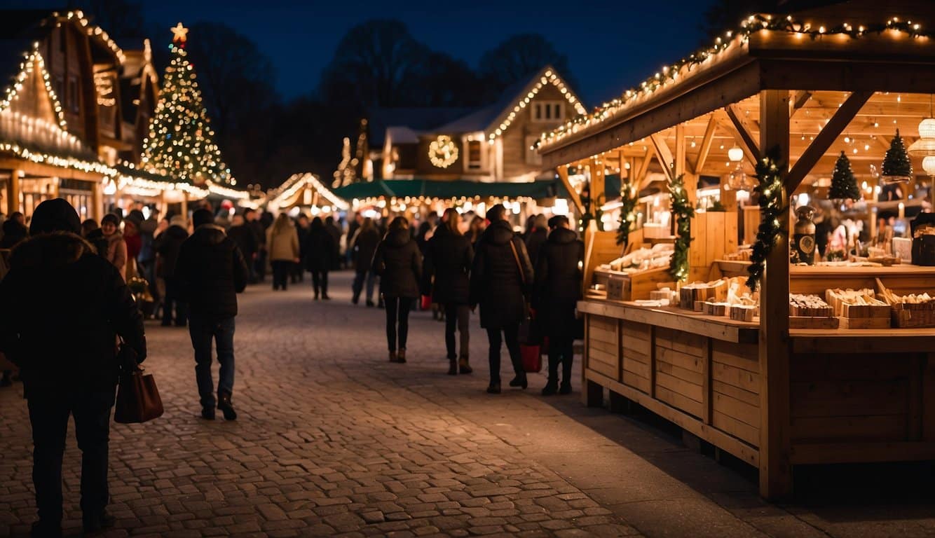 The Old World Christmas Market in Elkhart Lake, Wisconsin is filled with quaint wooden stalls adorned with twinkling lights, offering an array of festive goods and treats