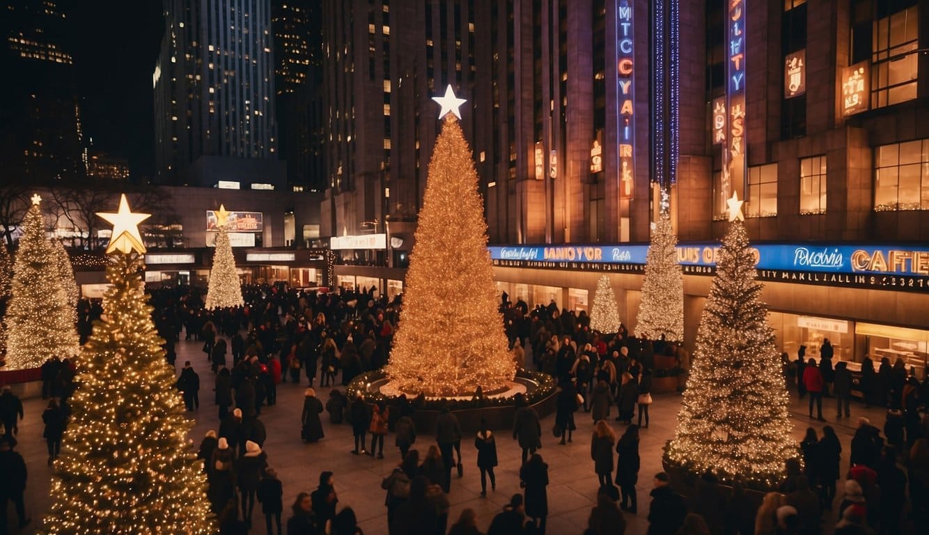 The bustling holiday market at Radio City Music Hall, filled with festive decorations and lively performances, captures the magic of the Christmas season in New York City