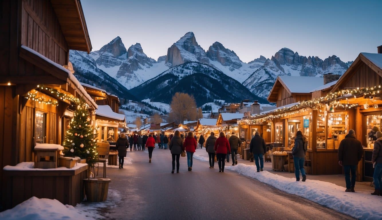 A snowy Wyoming town with colorful Christmas market stalls and twinkling lights, surrounded by picturesque mountains