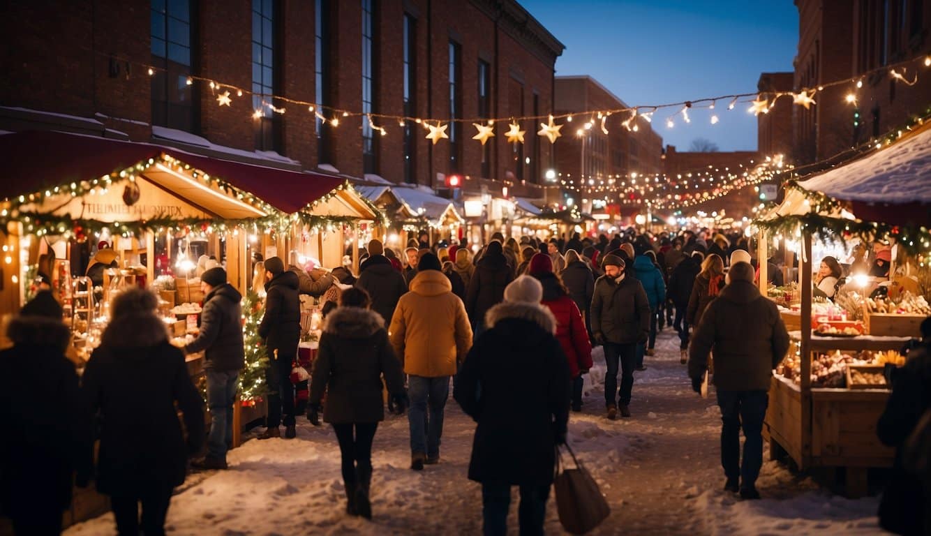 A bustling Christmas market in Laramie, Wyoming, filled with colorful stalls, twinkling lights, and festive decorations, creating a warm and inviting holiday atmosphere