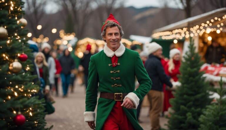 A person dressed as an elf in a green suit and red hat walks through a festive outdoor Wyoming Christmas market with decorated trees and lights. People and vendor stalls are visible in the background.