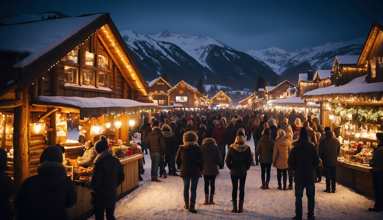 Crowds browse festive stalls at Wyoming's 2024 Christmas markets. Snow-dusted log cabins and twinkling lights create a cozy, holiday atmosphere