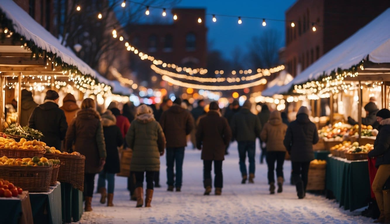 A bustling winter market with festive stalls selling local produce and handmade crafts under twinkling Christmas lights in Cheyenne, Wyoming