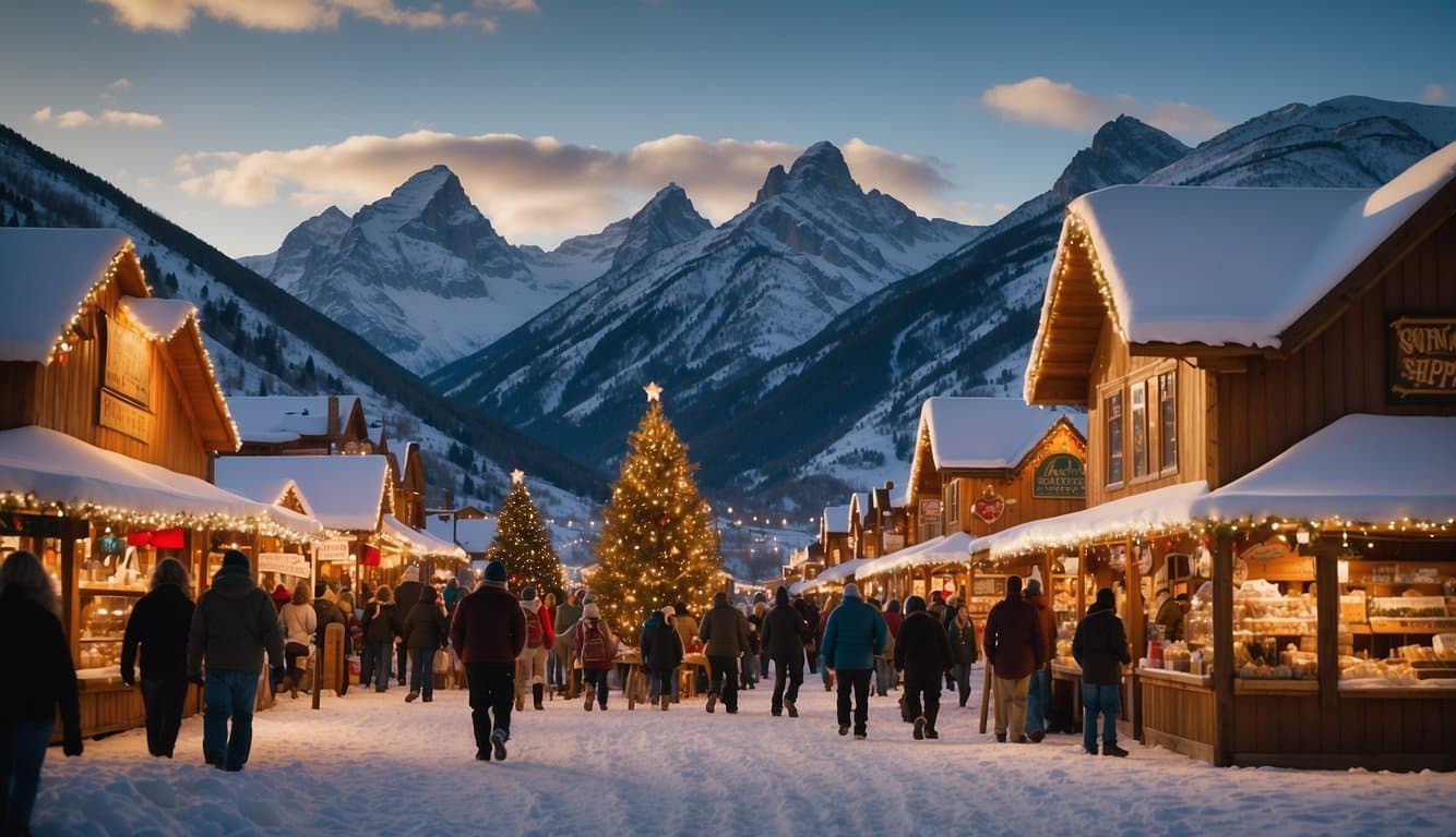 The Buffalo Christmas Shoppe bustles with festive activity, as vendors display handmade ornaments and visitors sip hot cocoa. Snow-covered mountains provide a picturesque backdrop to the bustling Christmas markets in Wyoming 2024