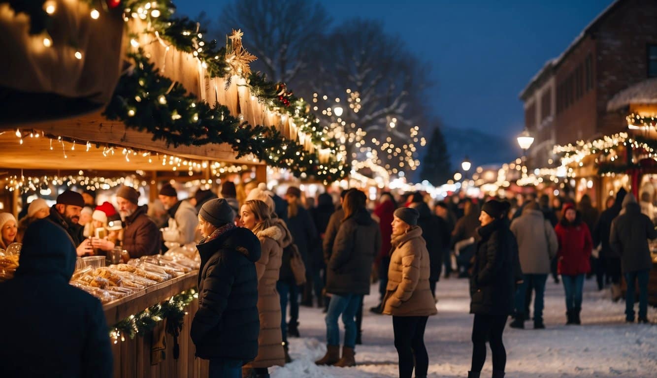 A festive scene with snow-covered stalls, twinkling lights, and bustling crowds at the Casper Art Walk Christmas Markets in Wyoming 2024