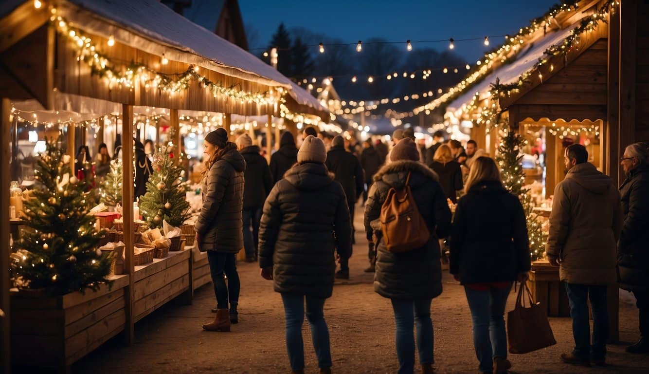 Shoppers explore festive stalls at Pine Bluffs Market, adorned with twinkling lights and holiday decor, creating a cozy and cheerful atmosphere