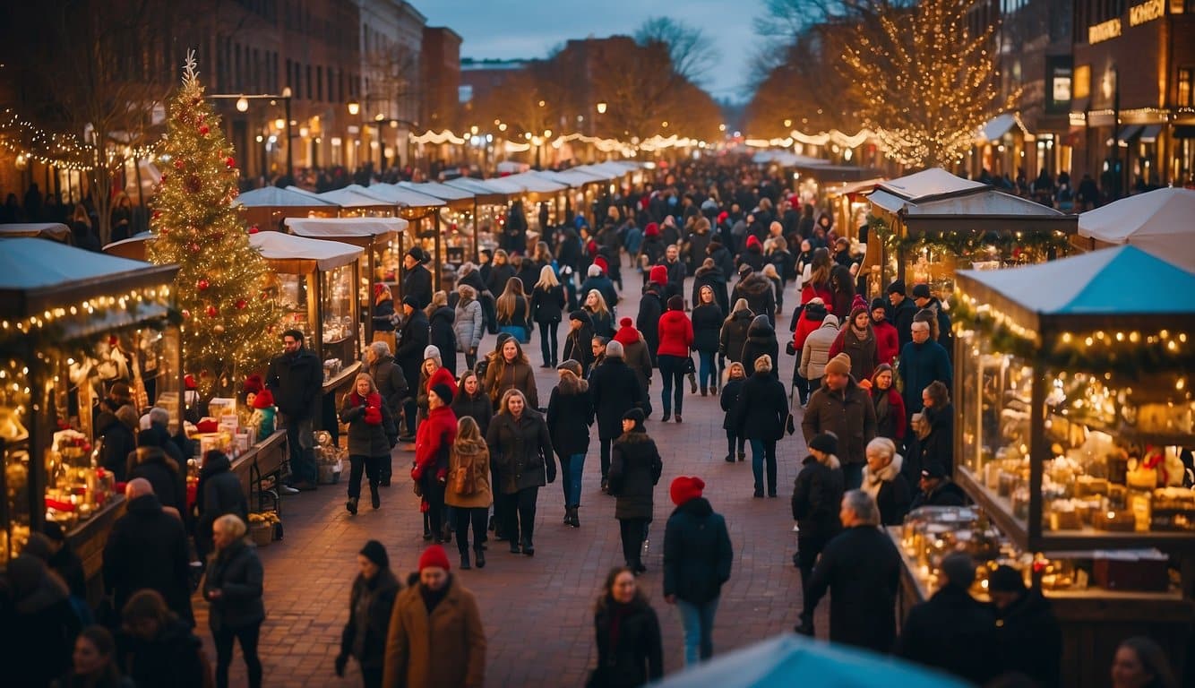 A festive scene with twinkling lights, colorful market stalls, and a giant Christmas tree at Cookeville’s Christmas in the Park