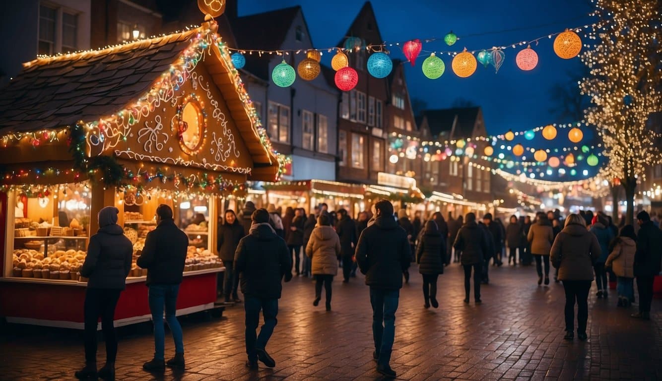 Colorful stalls line the streets, glowing with festive lights. A giant gingerbread house stands as the centerpiece, surrounded by joyful crowds and the scent of sweet treats