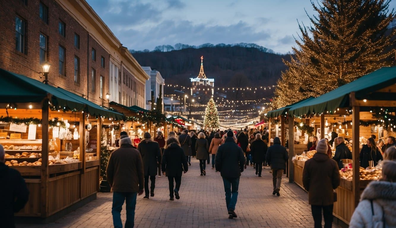 The Christmas market in Chattanooga, Tennessee is bustling with festive activity as vendors sell holiday crafts and visitors enjoy seasonal treats